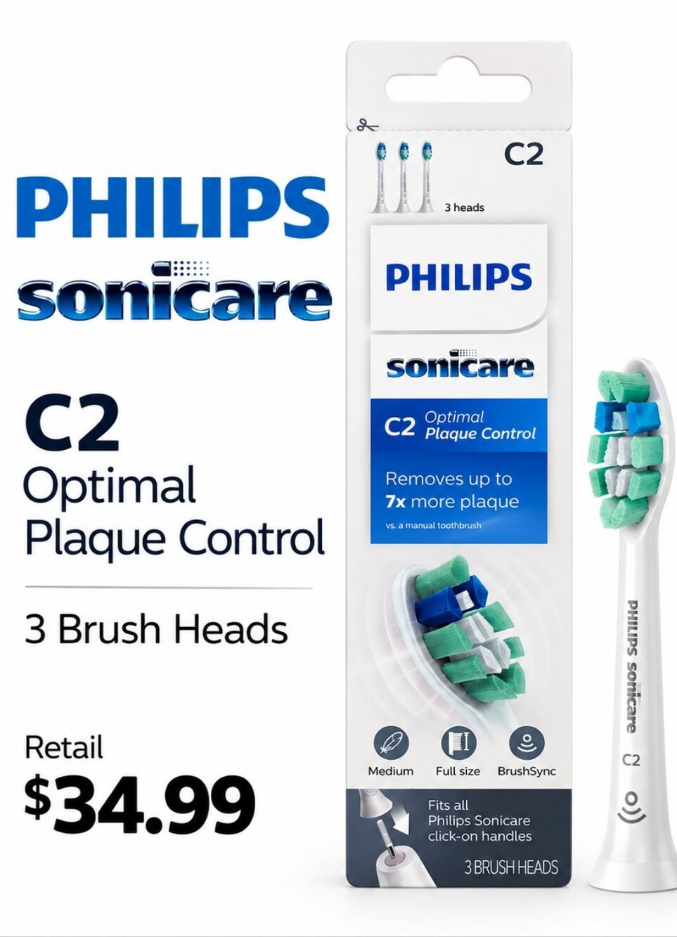 Philips Sonicare C2 Optimal Plaque Control Toothbrush Heads 3-Pack White